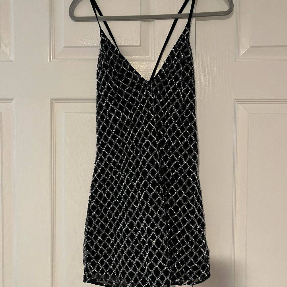 NBD Black Mini Dress with Silver Beaded Lattice